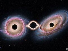 Egy szemléltető kép a két galaxisról, amelyek 3 fekete lyukon osztoznak (Kép forrása: mesterséges intelligencia által generált kép; szerkesztve)