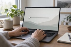 Kezek egy laptop billentyűzetén, a képernyő bal szélén egy csúszka