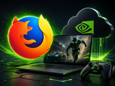 Gaming-laptop, amelynek kijelzőjén egy játék látható, felette a Geforce Now és a Firefox márkajelzései