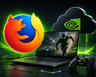 Gaming-laptop, amelynek kijelzőjén egy játék látható, felette a Geforce Now és a Firefox márkajelzései