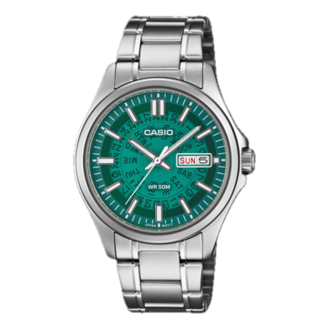 Casio /MTP-E740-3AV, élénk, áttetsző, türkizkék számlappal.