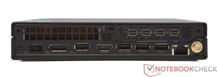 Hátsó panel: (5 GBit/s), HDMI 2.1 TMDS, 2x 3.2 Gen-2 (10 GBit/s), 10/100/1000 MBit (Intel I219-LM), 4x Mini DisplayPort 1.4a (Nvidia T1000), WLAN antenna