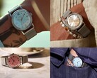 A Timex x Todd Snyder Marlin Mesh karórák ezüst, aquakék és lazacszínű napraforgó mintázatú számlapokkal, a csuklón és anélkül is bemutatva.