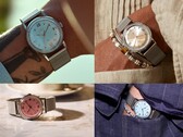 A Timex x Todd Snyder Marlin Mesh karórák ezüst, aquakék és lazacszínű napraforgó mintázatú számlapokkal, a csuklón és anélkül is bemutatva.