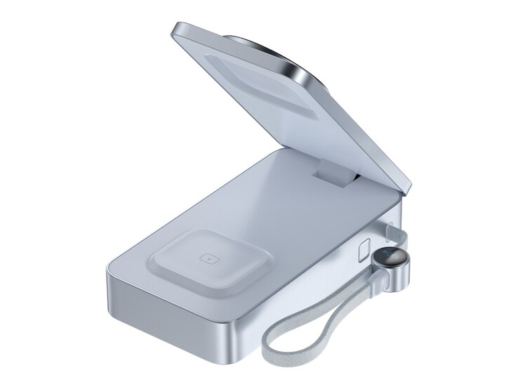 A még meg nem jelent Ugreen power bank összehajtható kialakítású, rejtett AirPods töltővel és beépített kábellel. (Kép forrása: Wireless Power Consortium)