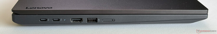 Balra: 2x USB-C 4.0 w/ Thunderbolt 4 (40 Gbps, DisplayPort 1.4a, Power Delivery), HDMI 2.1, USB-A 3.2 Gen. 1 (5 Gbps, Always-On), Nano-SIM