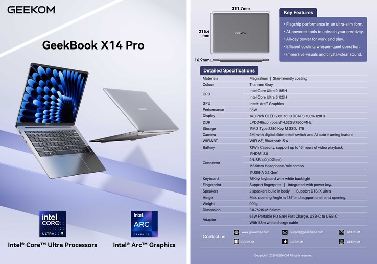 Geekom GeekBook X14 Pro adatlap (Kép forrása: Geekom)