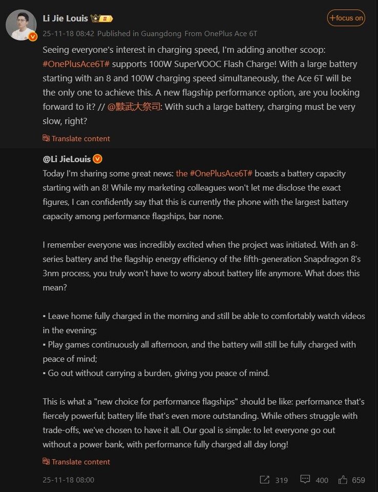 Li Jie Louis beszél az akkumulátor és a töltési sebesség OnePlus Ace 6T (Kép forrása: Weibo - gépi fordítás)