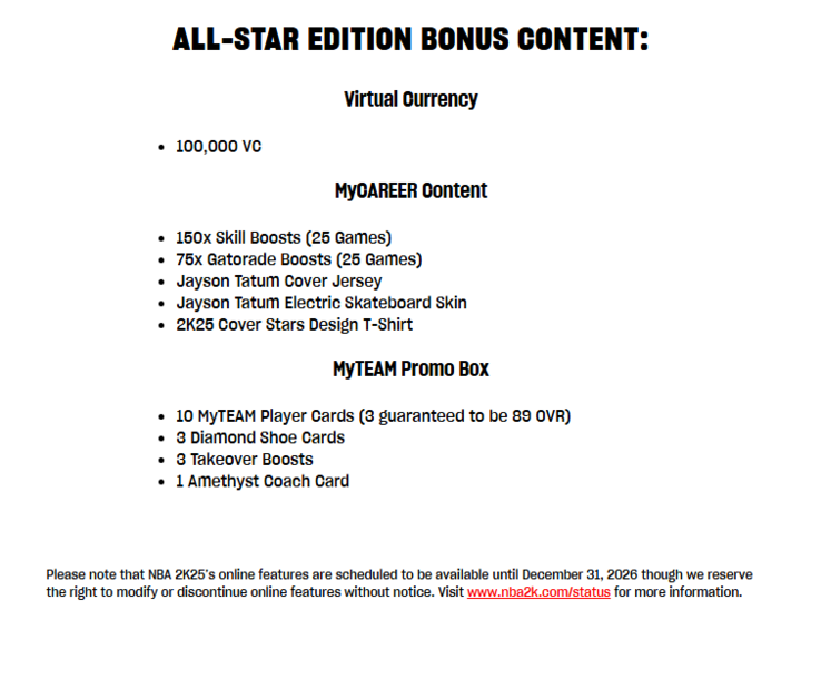 Képernyőkép a hivatalos NBA 2K áruházból. Az alul látható tájékoztató szerint az EA fenntartja a jogot az online funkciók előzetes értesítés nélküli módosítására vagy megszüntetésére.