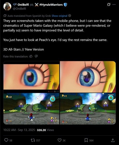 Super Mario Galaxy összehasonlítás a 2020-as Switch porttal (Kép forrása: screenshot, OniBelfi X account)