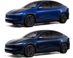 Az Y-modell az új Marine Blue színben a Deep Blue Metallic (felül) ellenében. (Kép forrása: Tesla)