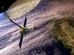 A NISAR műhold koncepcionális képe a Kalifornia feletti pályán (Kép forrása: NASA és JPL-Caltech; vágott kép)