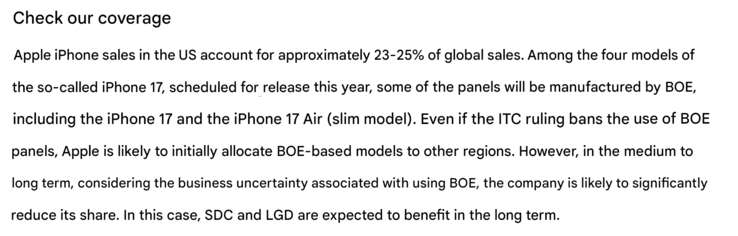 Apple a BOE kijelzővel ellátott iPhone 17 Air készülékeket először olyan régiókban értékesítheti, mint Kína. (Kép forrása: Meritz Securities Korea, gépi fordítás)