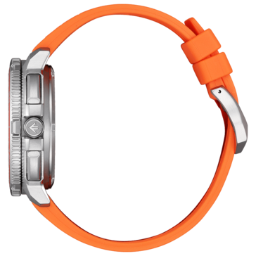 A Citizen Promaster Wave Tracker JV3000-13E oldalsó profilképén a rozsdamentes acél tok, a strukturált forgó lünetta, a nyomók és a narancssárga gumiszíj látható.