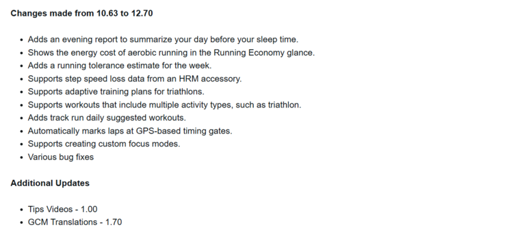 A Garmin Venu X1 okosóra 12.70-es verziójának változásnaplója. (Kép forrása: Garmin)