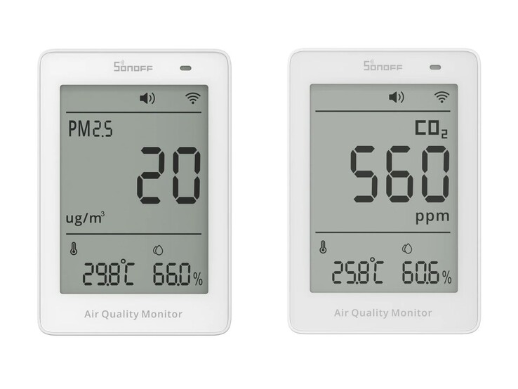 A PM2.5/PM10 (balra) és a CO2 (jobbra) Sonoff AirGuard érzékelői