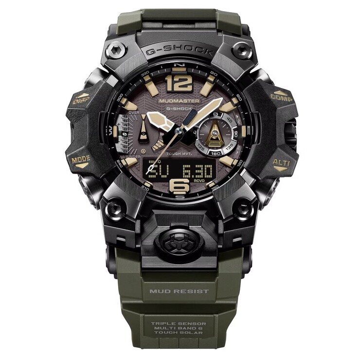 A G-Shock Mudmaster GWG-B1000-1A3 számlapjának közeli képe, amelyen barna órajelölők, világító mutatók, digitális kijelző és iránytűjelölések láthatók.