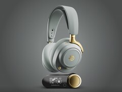SteelSeries Arctis Nova Elite Sage &amp;amp; Gold színben és GameHubdal. (Kép forrása: SteelSeries)