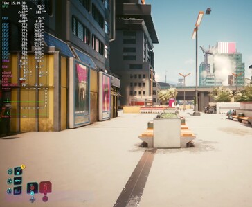 A Cyberpunk 2077 1080p-es Ultra beállításokkal és bekapcsolt FSR Auto funkcióval fut a Steam Machine-en, képernyőn megjelenő teljesítmény-overlay-jel