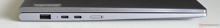 Balra: USB-A 3.2 Gen 1 (5 Gbit/s, mindig bekapcsolva), 2x USB-C 4.0 Thunderbolt 4 (40 Gbit/s, DisplayPort 2.1, Power Delivery 3.0), Nano SIM-kártya
