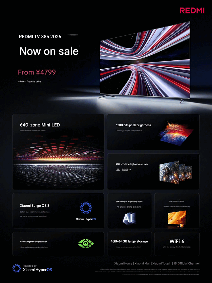 Redmi TV X 2026 specifikáció (Kép forrása: Xiaomi Kína; gépi fordítás)