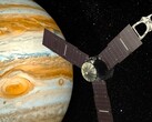 Egy művészi illusztráció, amely egy szondát mutat a Jupiter közelében.
