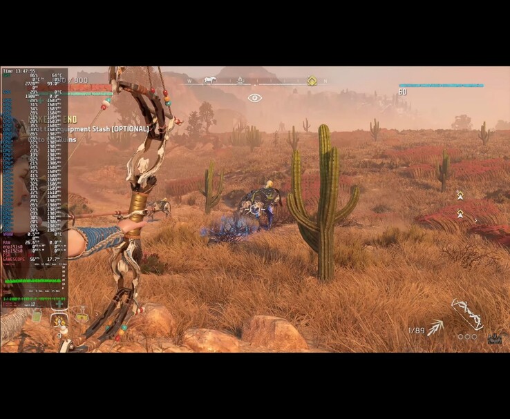A Horizon Zero Dawn Remastered játékmenetének képernyőképén a Bazzite OS-en futó Horizon Zero Dawn Remastered Framework Desktop PC-n, a játékbeli teljesítményt mutató overlay (Kép forrása: ETA PRIME via YouTube)